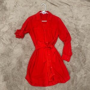 Express Red Button-Up Mini Shirt Dress with Waist Tie